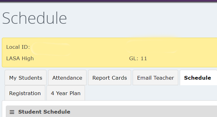 Schedule in portal is between email teacher and Registration