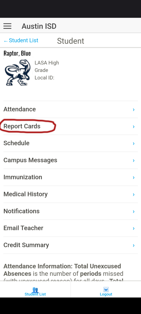 Report Card listed between attendance and schedule