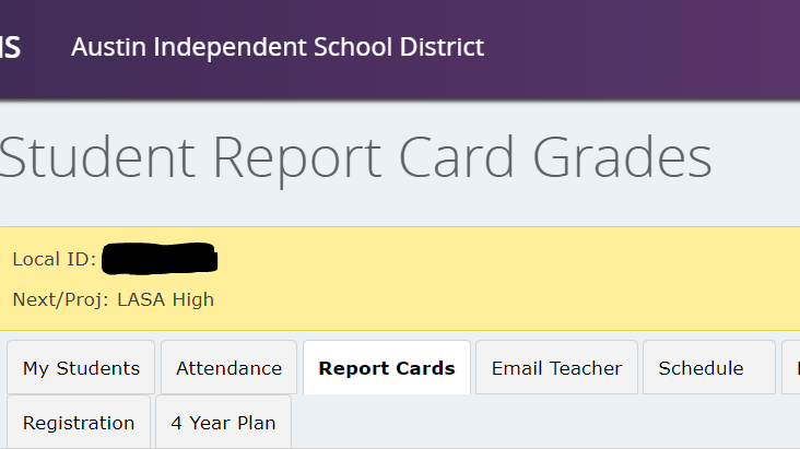 screenshot of student report cards tab located in the middle section of the tavs