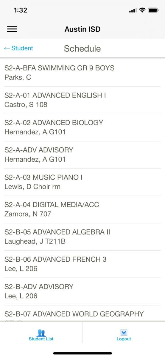 example schedule listed